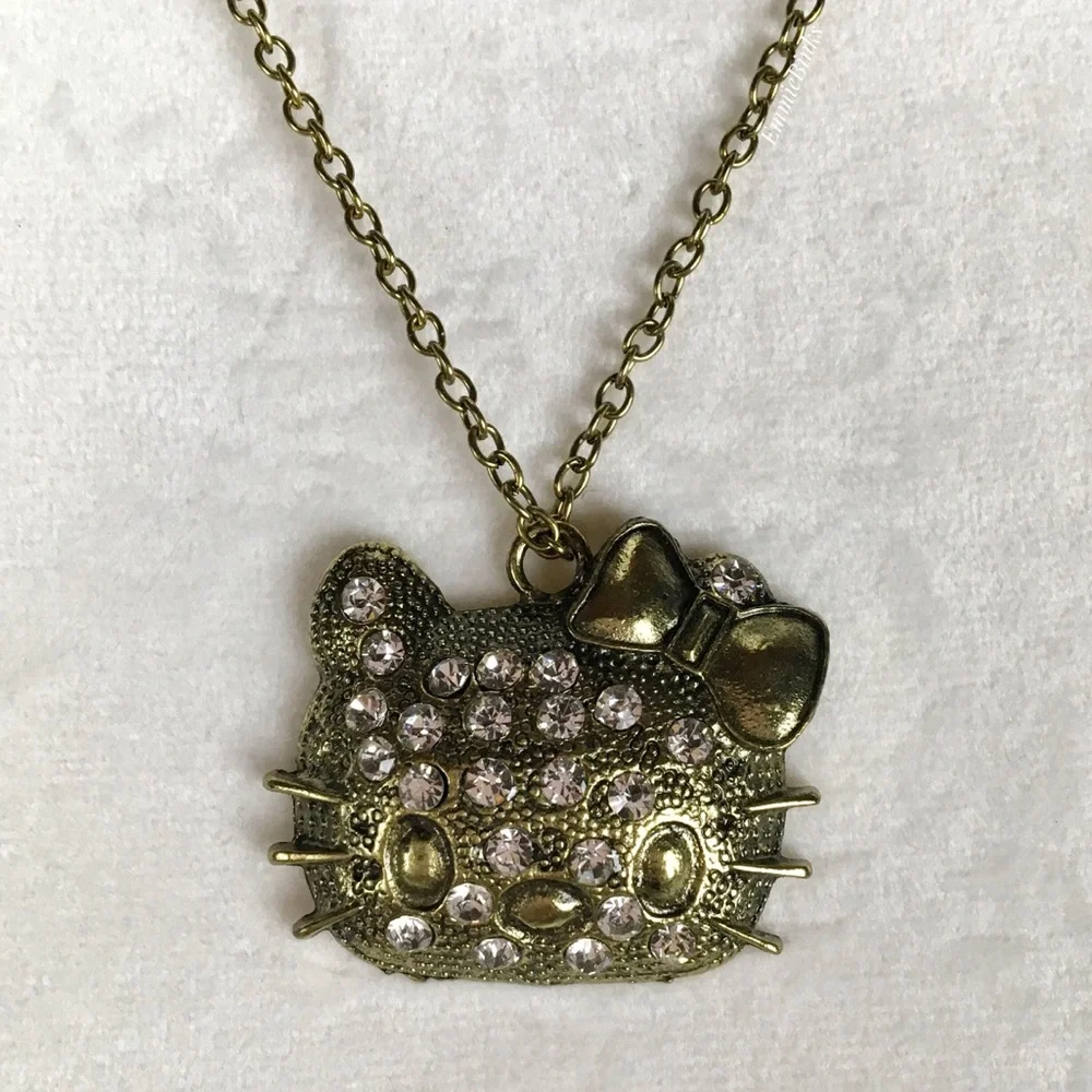 ✨3/$38 NWT Hello Kitty Bronze & Rhinestone Pendant Necklace ~ Bronze Cat Charm - Picture 4 of 11